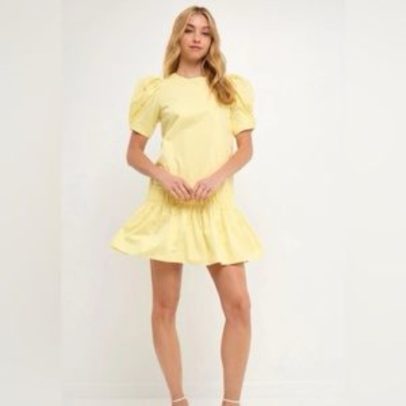 ENGLISH FACTORY
Ruffle Detail Puff Sleeve Poplin Dress  size Large Yellow - Picture 7 of 12